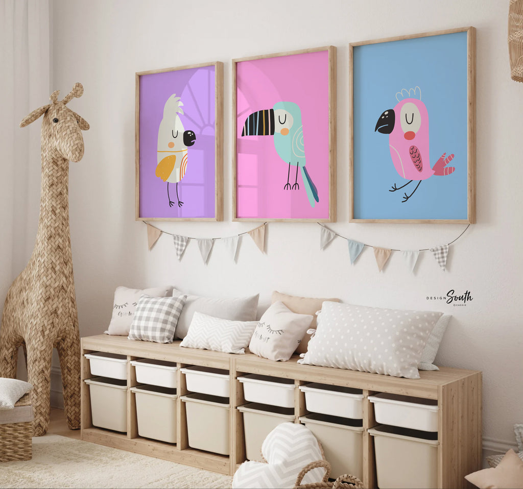 Pastel kid art, baby tropical themed room, tropical bird art, modern trendy pastel art set of 3, toucan bird print, nursery pink blue purple