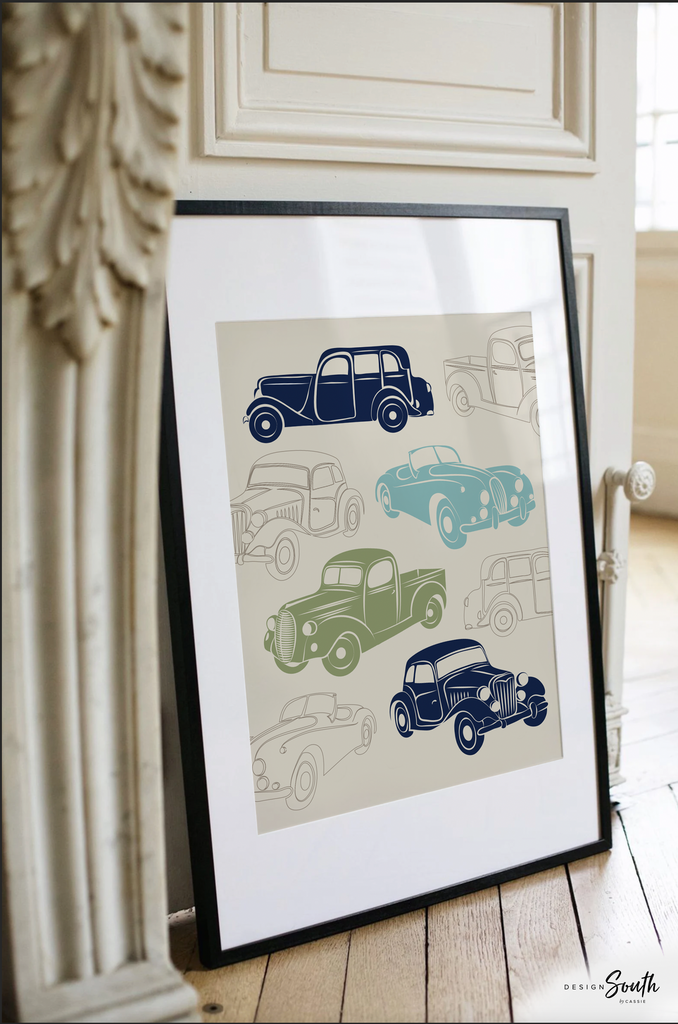 Baby boy nursery decor, baby boy nursery art, boy bedroom decor, boy bedroom art, retro car nursery art, retro car nursery decor, truck art