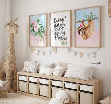 Girl's playroom wall ideas, tropical wall art prints girl, sloth nursery decor print set, girl wall art set sloth decor tropical theme quote