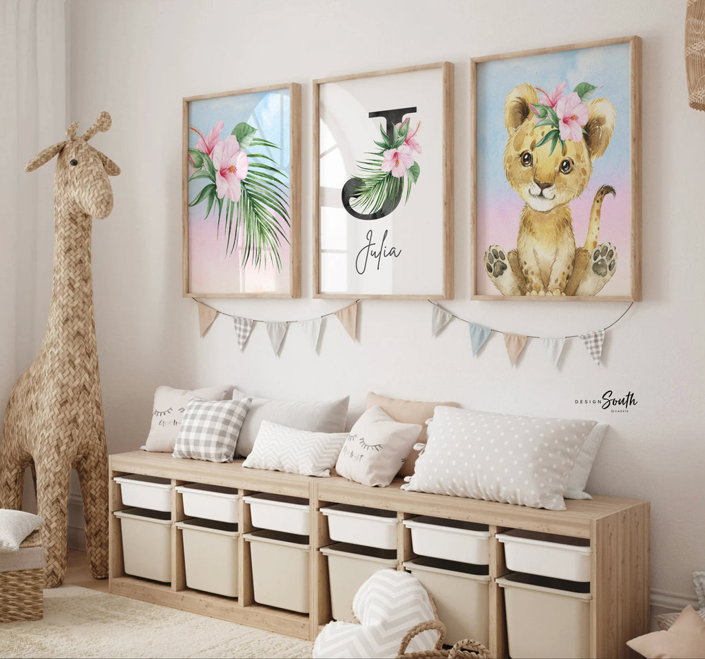 Zoo animal art, baby girl animal nursery, tropical jungle animal wall art for nursery, animal decor girl gift baby shower, girl bedroom art