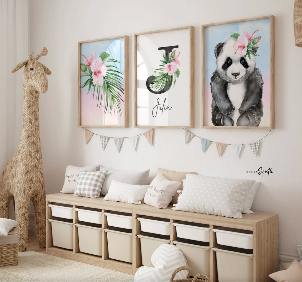 Girls panda bedroom, baby girl nursery gift, panda bear decor for girls, tropical flowers wall art baby, girls personalized name art pink