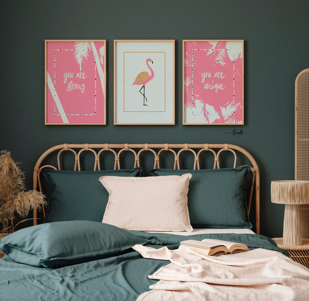 Pink aqua gold nursery, tropical girl bedroom playroom ideas, little girl room decor pink aqua gold, inspirational girl wall art gallery set