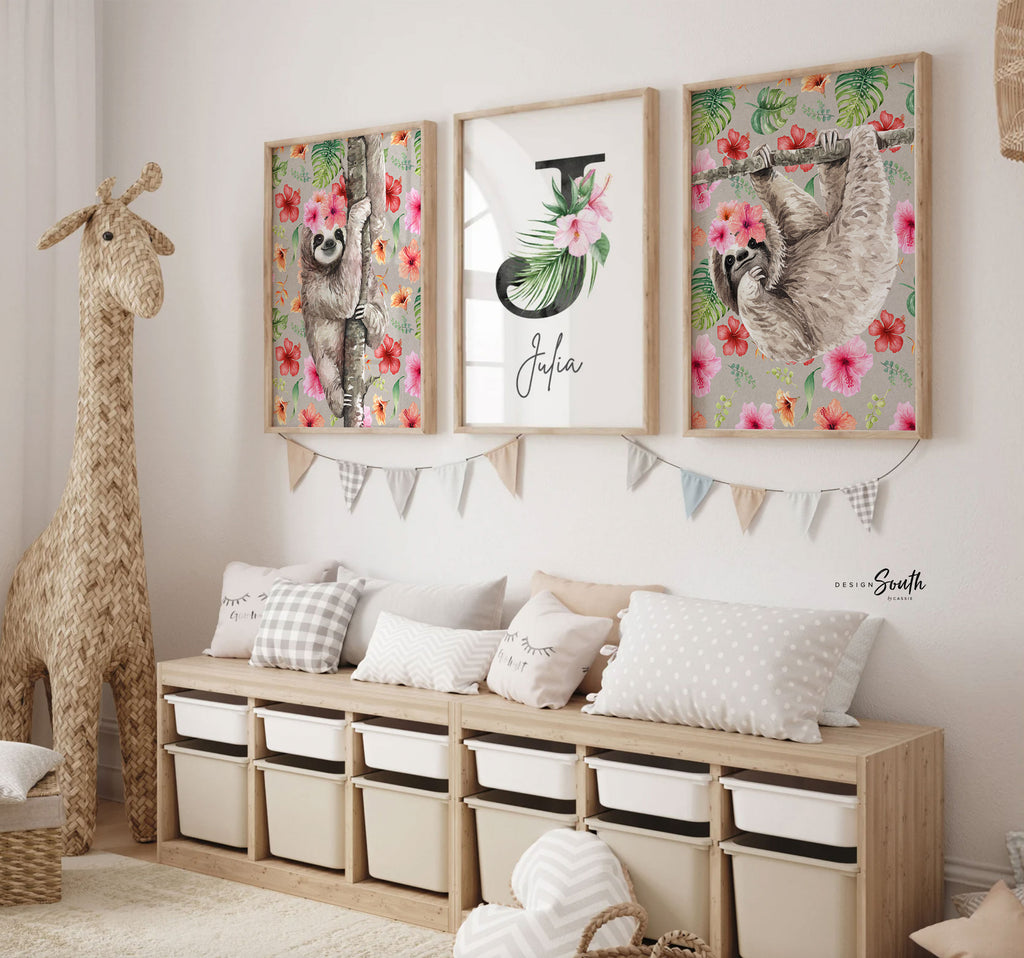 Sloth decor for nursery or bedroom, sloth themed baby shower gift girl, little girl bedroom wall ideas, sloth wall art print set, sloth pink