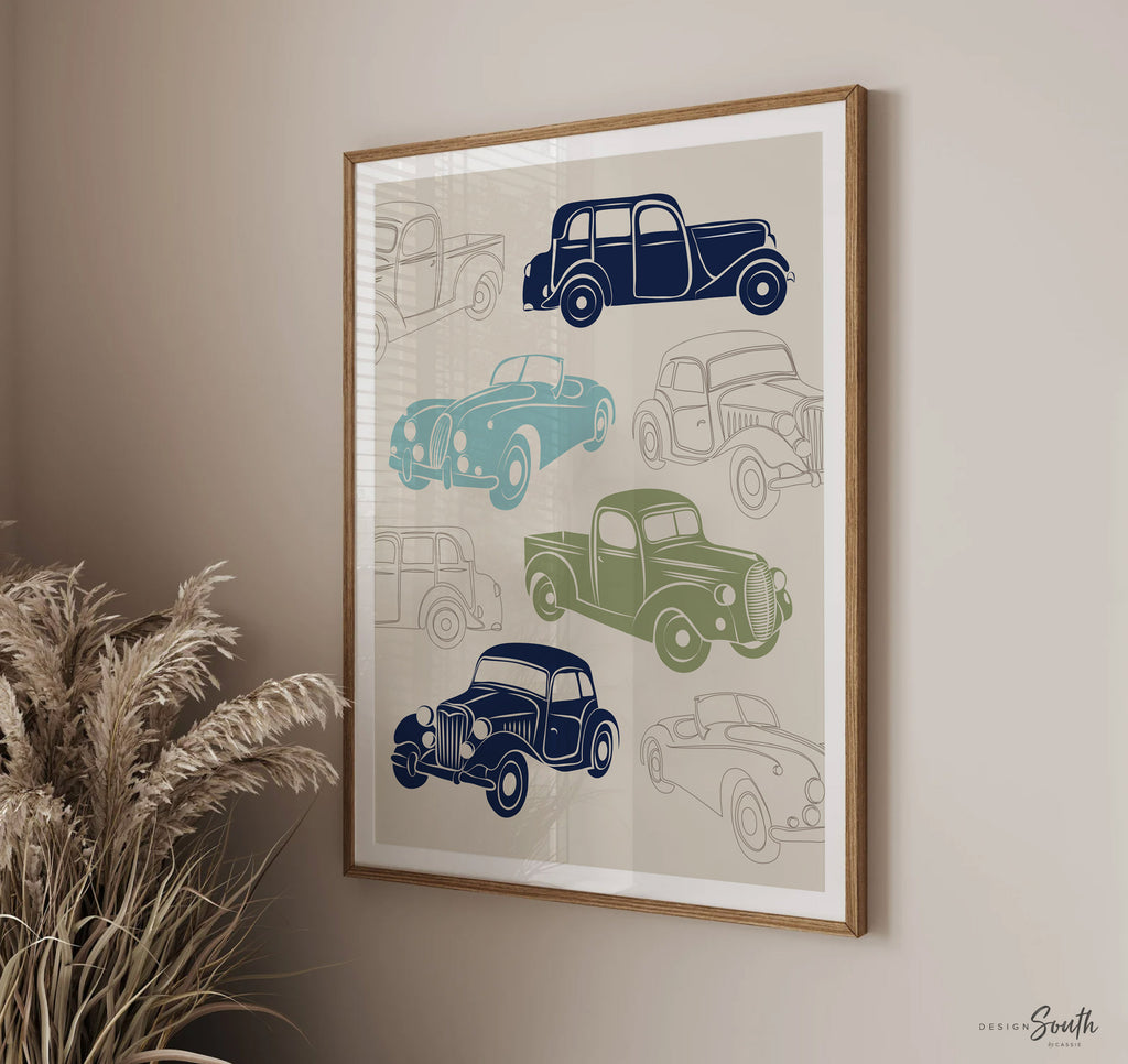 Baby boy nursery decor, baby boy nursery art, boy bedroom decor, boy bedroom art, retro car nursery art, retro car nursery decor, truck art