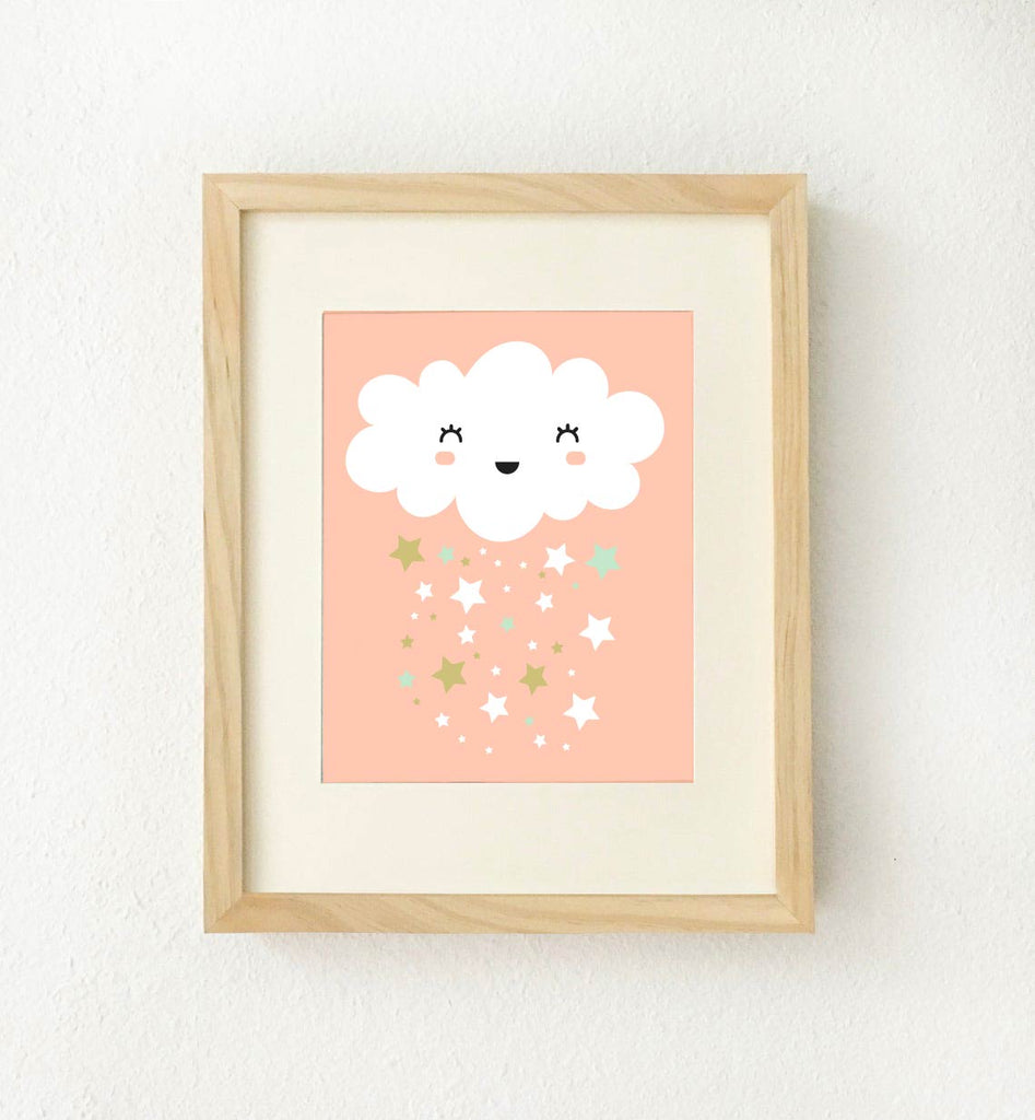 Coral mint gold, twinkle twinkle, moon cloud stars, baby girl nursery, gift for baby shower, cloud stars baby shower, little girl's room art