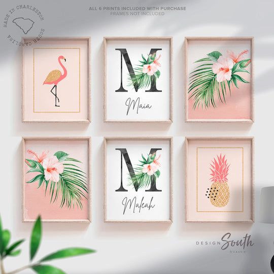 Sisters peach palm coral tropical prints, bright floral tropical nursery art, palm beach baby room, blush peach gold tropical girl nursery bedroom
