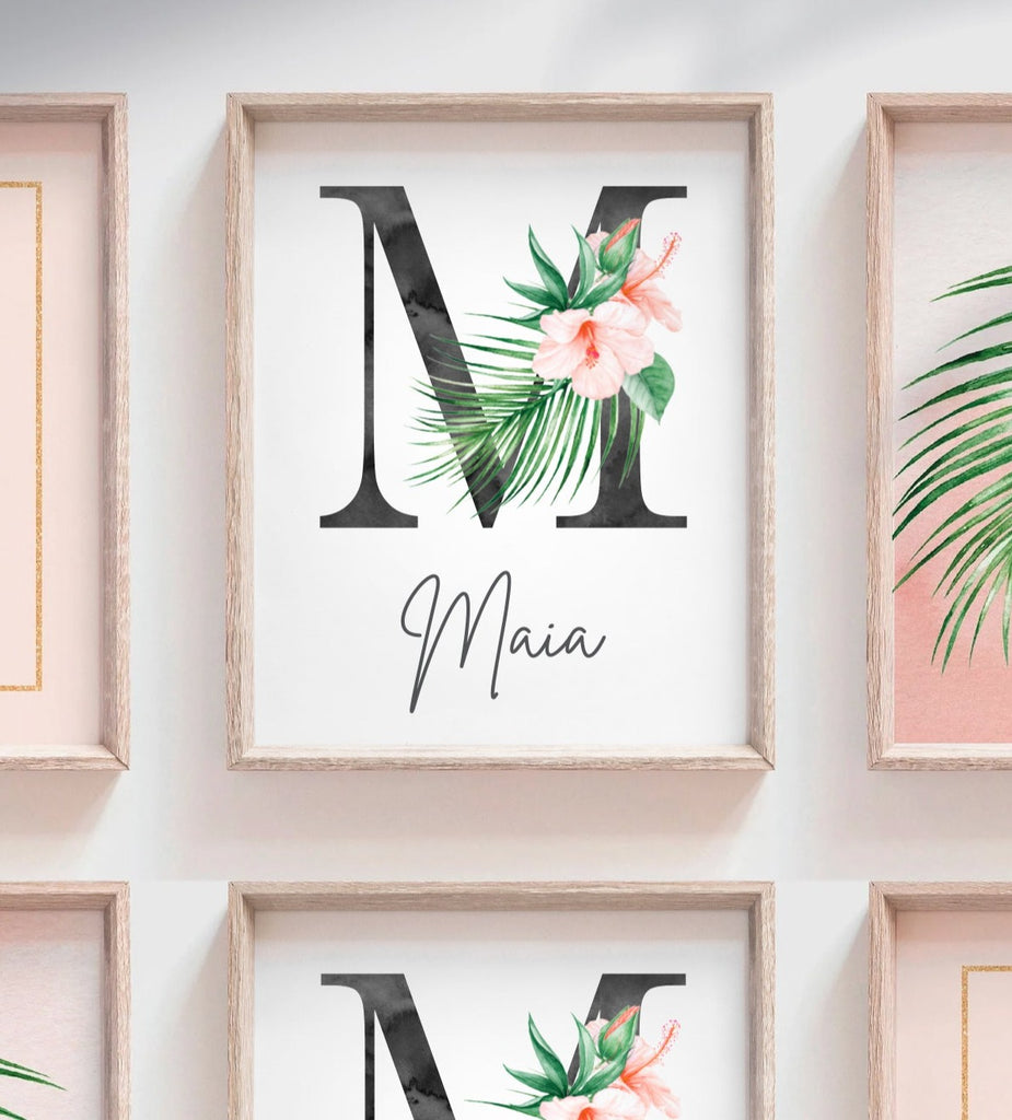 Sisters peach palm coral tropical prints, bright floral tropical nursery art, palm beach baby room, blush peach gold tropical girl nursery bedroom