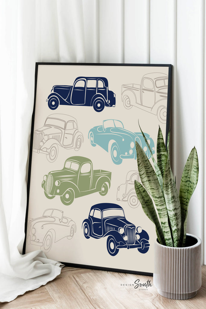 Baby boy nursery decor, baby boy nursery art, boy bedroom decor, boy bedroom art, retro car nursery art, retro car nursery decor, truck art