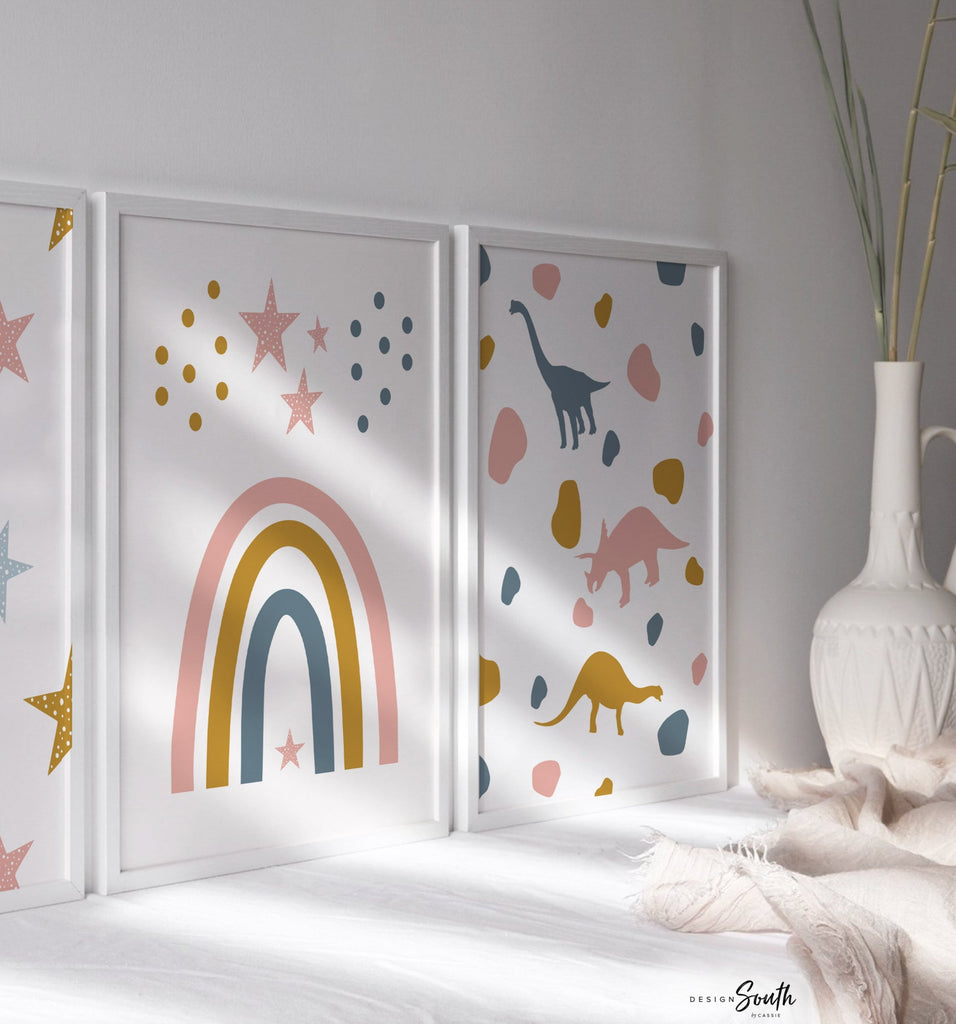 Girl dinosaur and unicorn art, dinosaur unicorn prints for girls, trendy pattern girl dinosaurs, art prints dinosaur unicorn theme modern